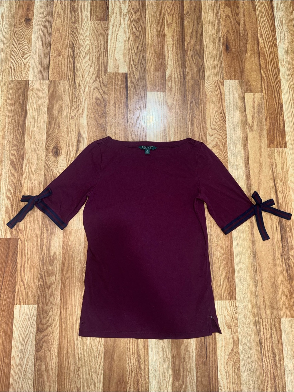 Lauren Ralph Lauren Burgundy Knit Boat Neck Bow Sleeve Stretch Top Size M